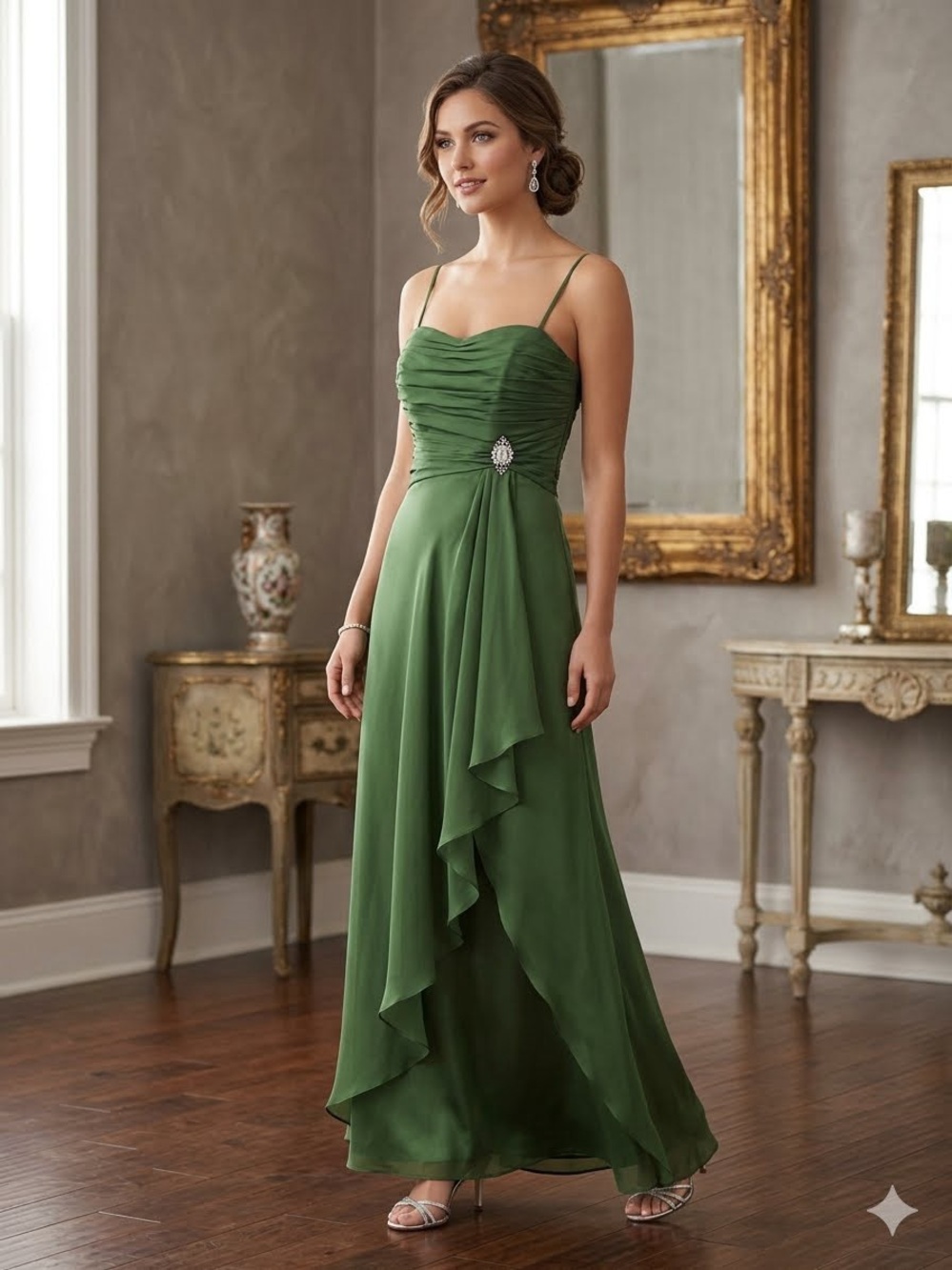 Belsoie by Jasmine Formal Long Dress – Olive Green / Moss (Gauze and Brooch)